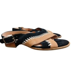 Jack Rogers Womens 9.5 Black Tan Suede Whipstitch Slingback Block Heel Sandals